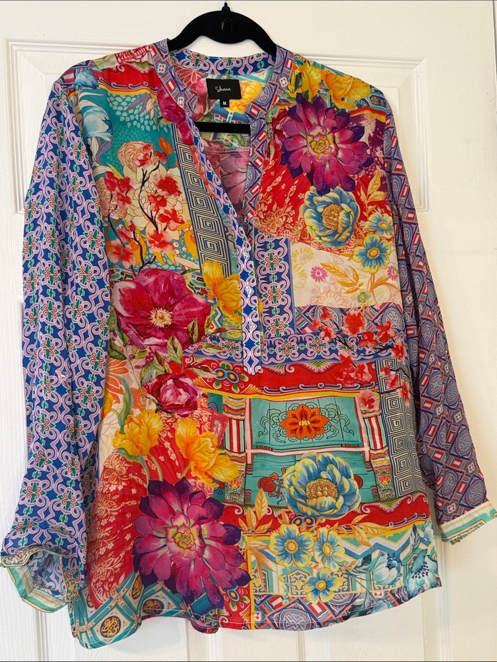 Shana Size M Vibrant Patchwork Floral Viscose Silk Blouse Tunic Boho Artsy